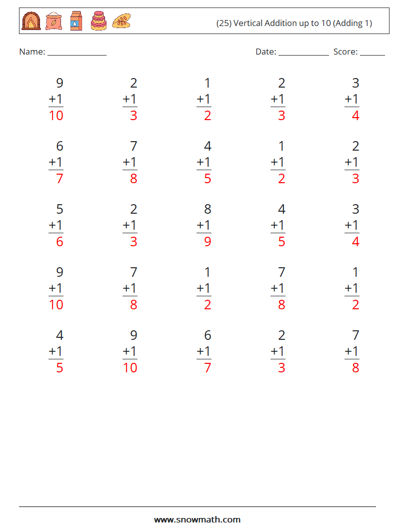 (25) Vertical Addition up to 10 (Adding 1) Maths Worksheets 6 Question, Answer