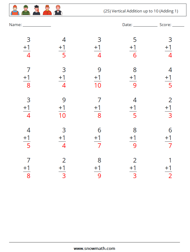 (25) Vertical Addition up to 10 (Adding 1) Maths Worksheets 7 Question, Answer