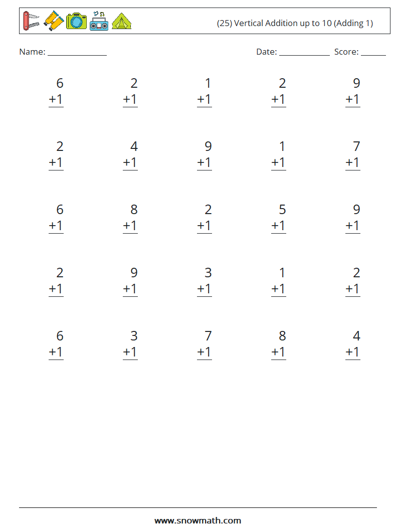 (25) Vertical Addition up to 10 (Adding 1) Maths Worksheets 9