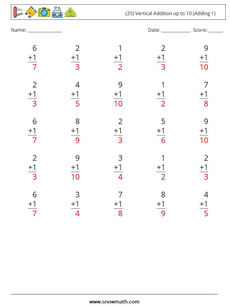 (25) Vertical Addition up to 10 (Adding 1) Maths Worksheets 9 Question, Answer