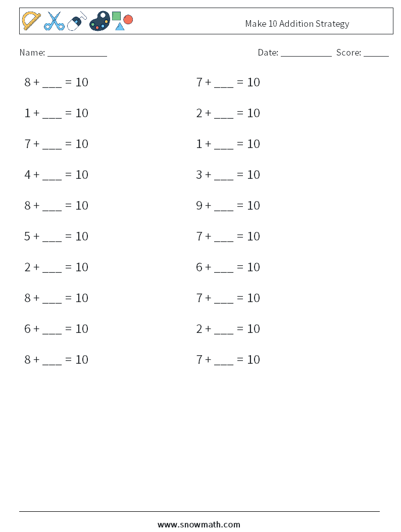 Make 10 Addition Strategy Maths Worksheets 2