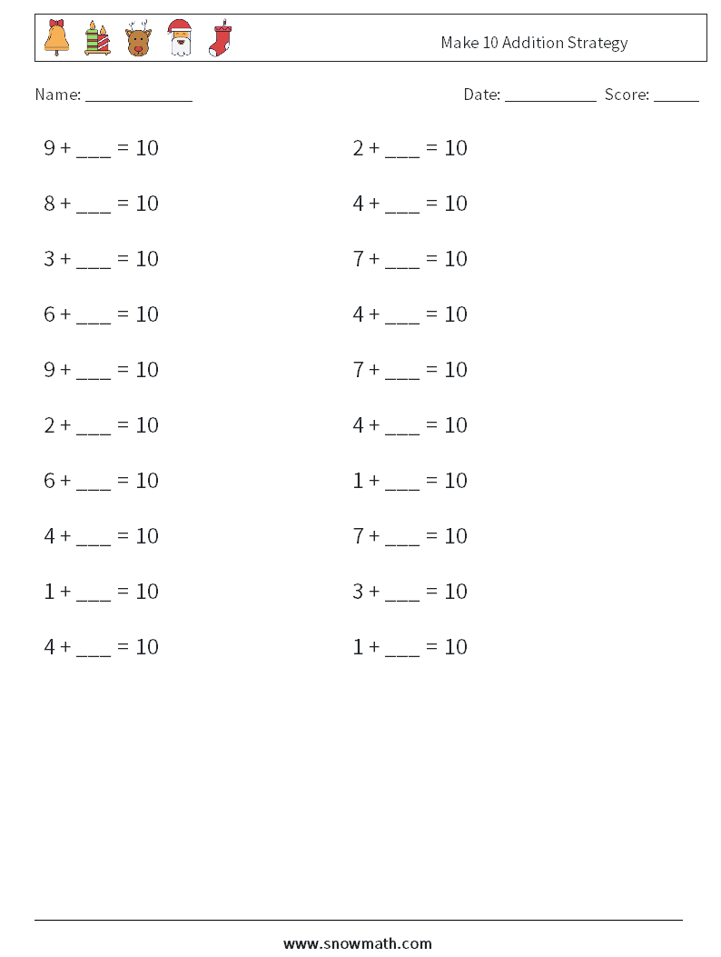 Make 10 Addition Strategy Maths Worksheets 3