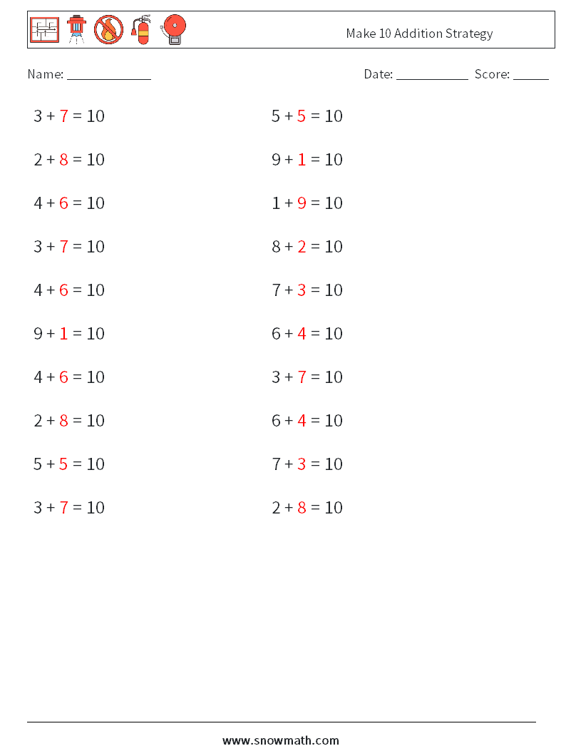 Make 10 Addition Strategy Maths Worksheets 5 Question, Answer