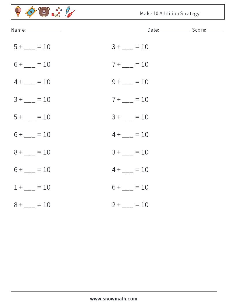 Make 10 Addition Strategy Maths Worksheets 6