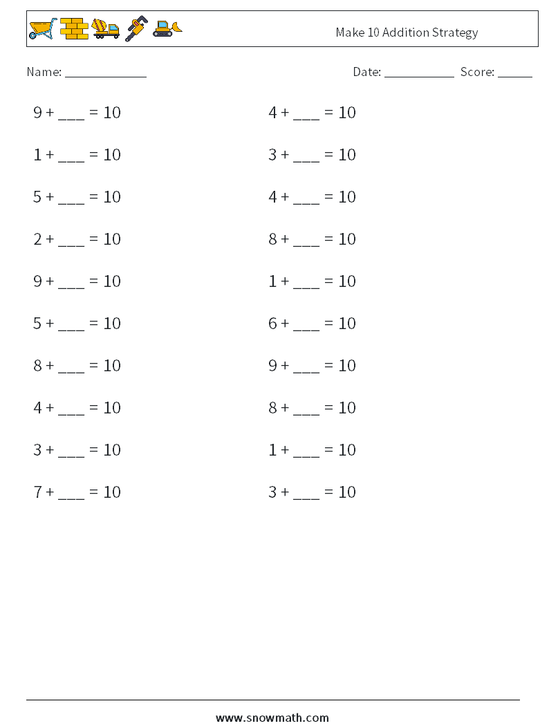 Make 10 Addition Strategy Maths Worksheets 8