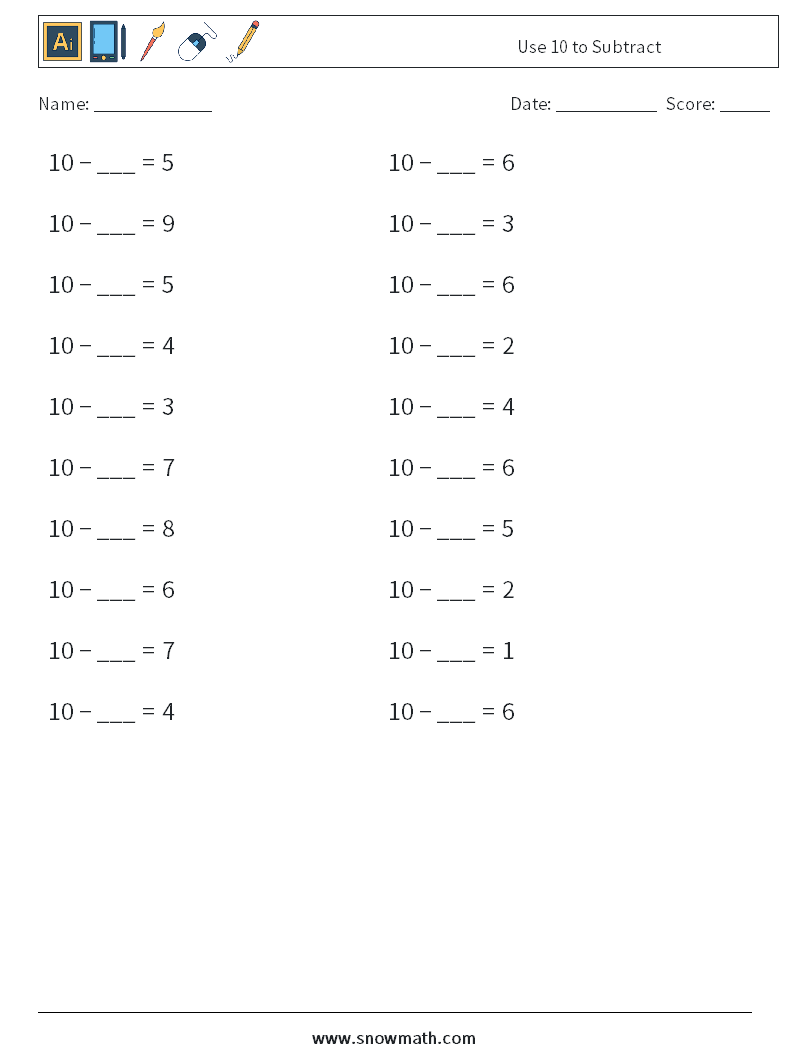 Use 10 to Subtract Maths Worksheets 2