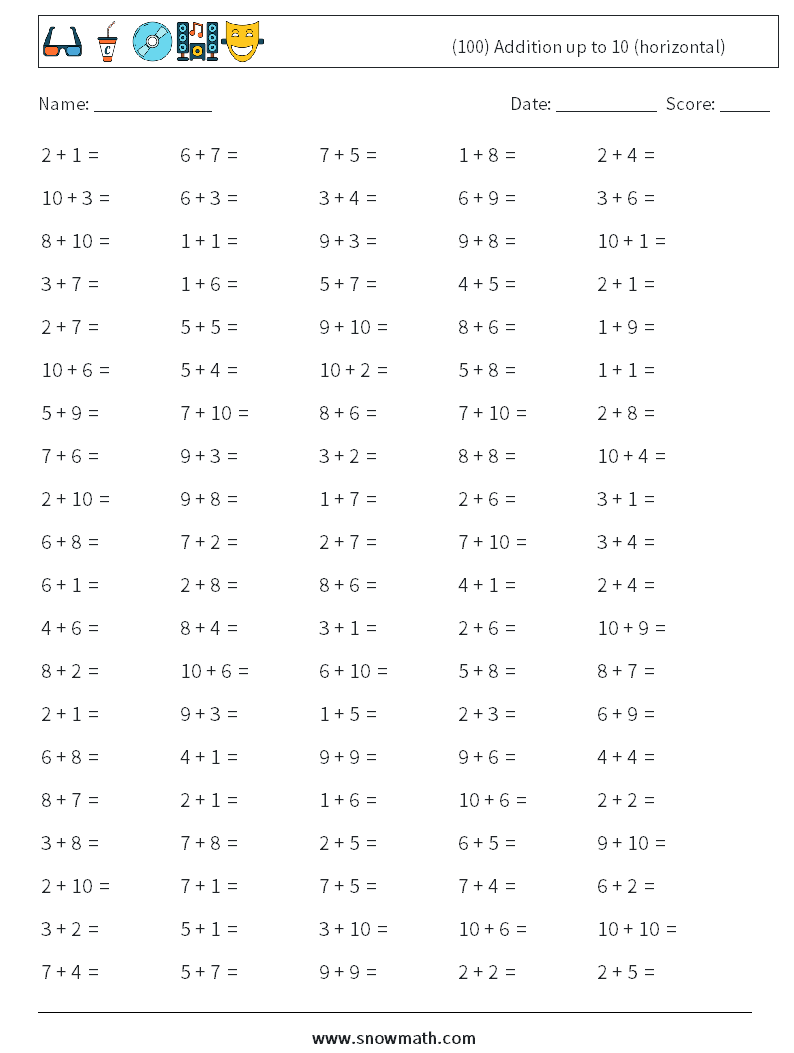 (100) Addition up to 10 (horizontal) Maths Worksheets 2