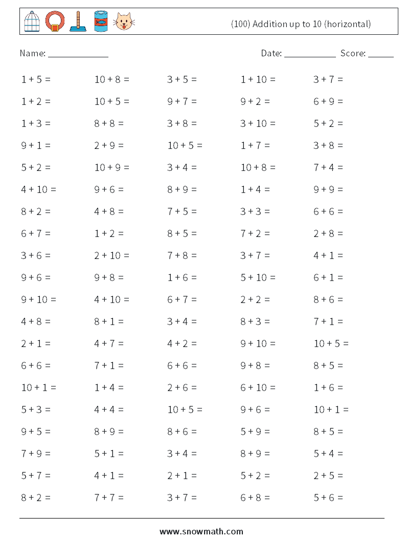 (100) Addition up to 10 (horizontal) Maths Worksheets 8