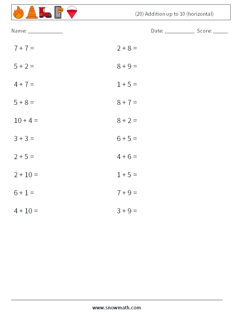 (20) Addition up to 10 (horizontal) Maths Worksheets 1