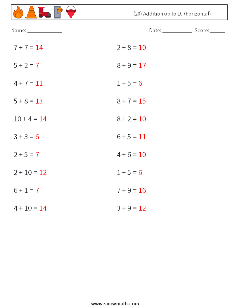 (20) Addition up to 10 (horizontal) Maths Worksheets 1 Question, Answer