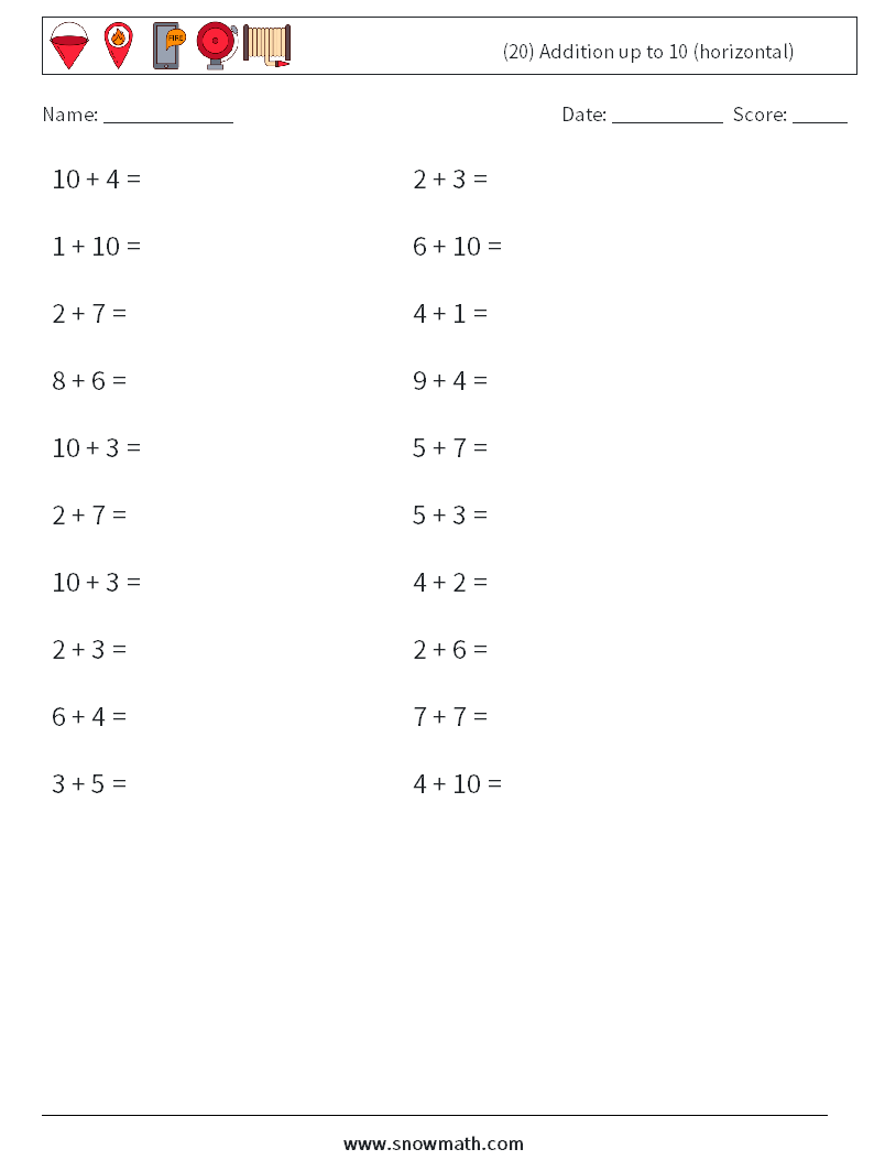 (20) Addition up to 10 (horizontal) Maths Worksheets 2