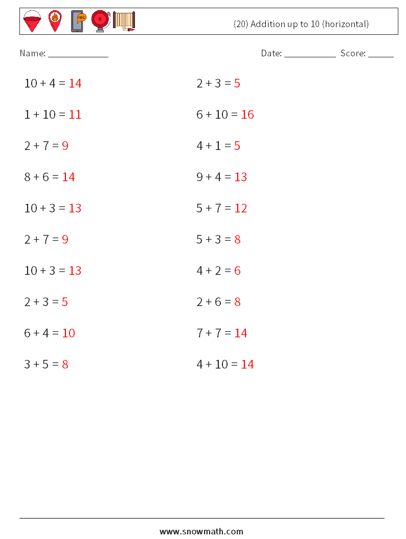 (20) Addition up to 10 (horizontal) Maths Worksheets 2 Question, Answer