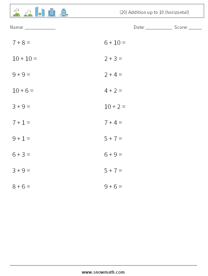 (20) Addition up to 10 (horizontal) Maths Worksheets 3
