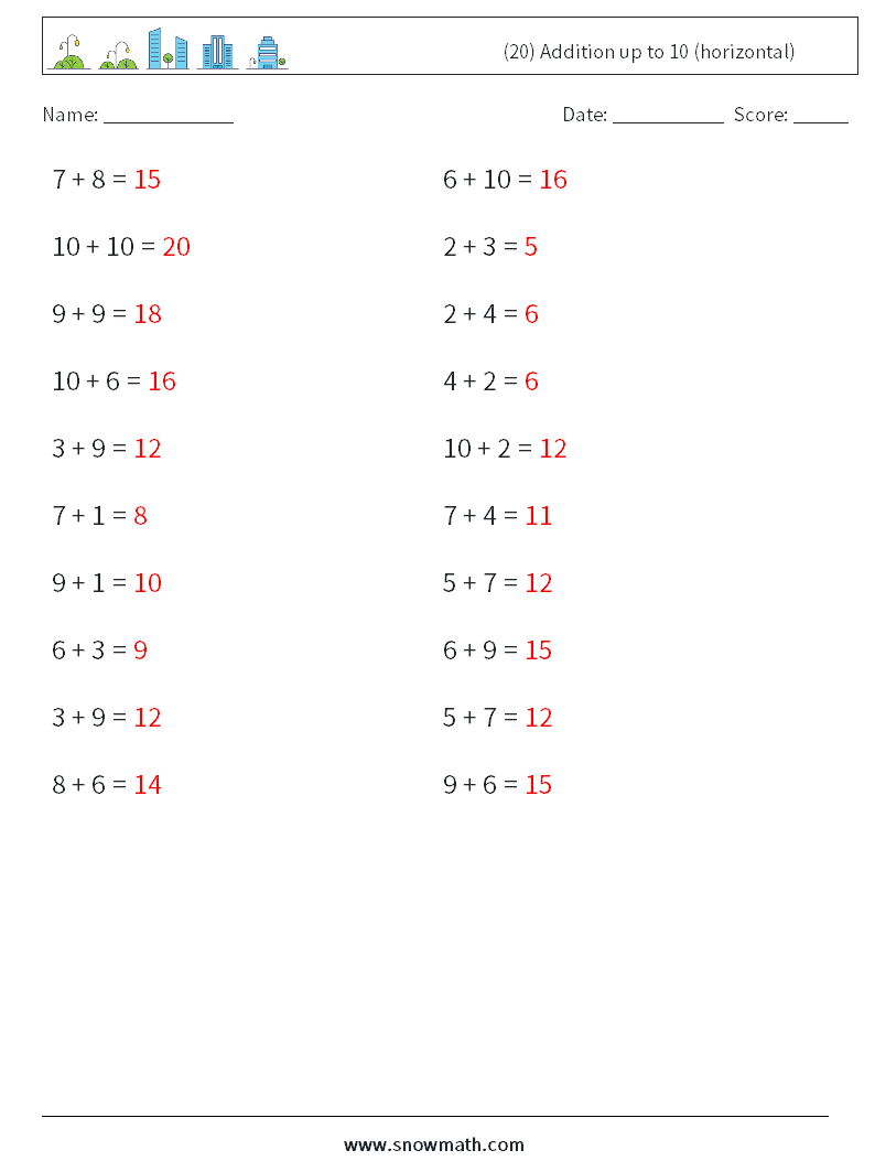 (20) Addition up to 10 (horizontal) Maths Worksheets 3 Question, Answer