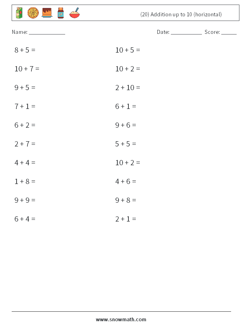 (20) Addition up to 10 (horizontal) Maths Worksheets 4
