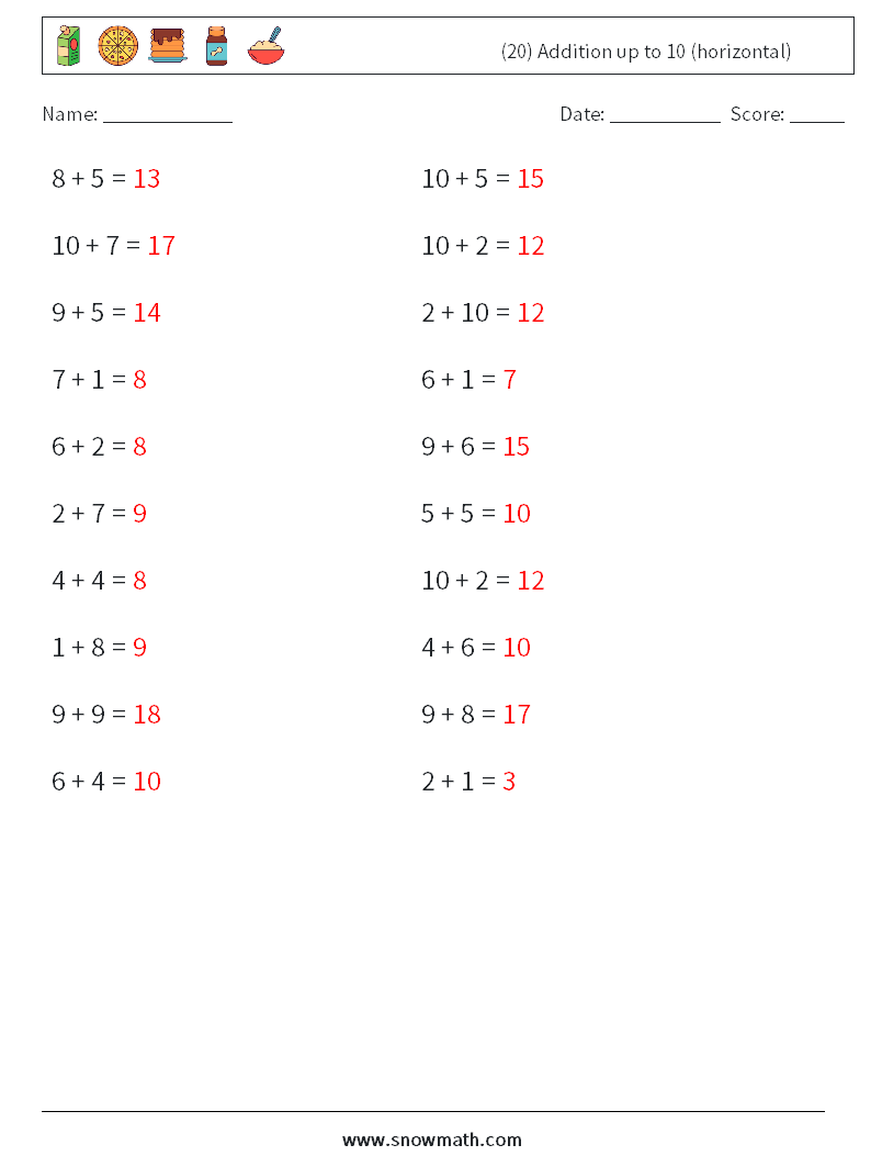 (20) Addition up to 10 (horizontal) Maths Worksheets 4 Question, Answer