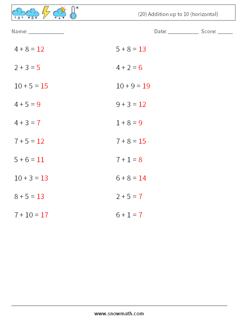 (20) Addition up to 10 (horizontal) Maths Worksheets 5 Question, Answer