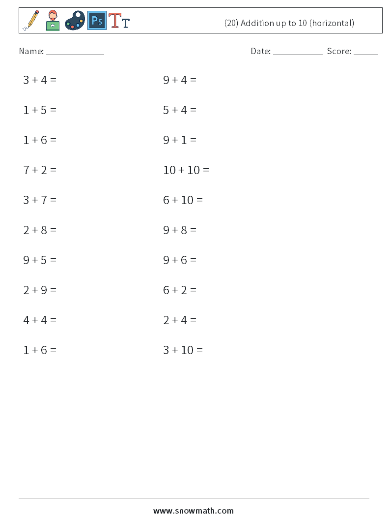 (20) Addition up to 10 (horizontal) Maths Worksheets 6