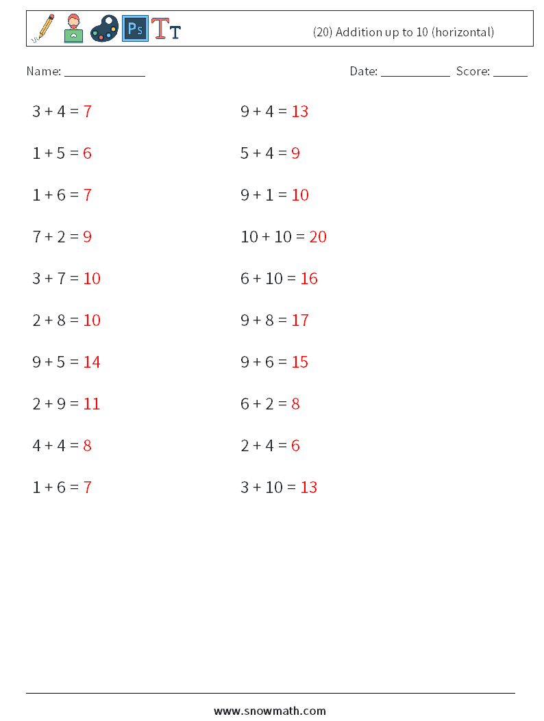 (20) Addition up to 10 (horizontal) Maths Worksheets 6 Question, Answer