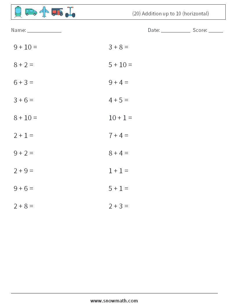 (20) Addition up to 10 (horizontal) Maths Worksheets 8