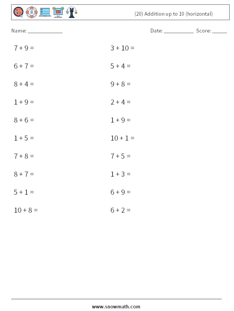 (20) Addition up to 10 (horizontal) Maths Worksheets 9