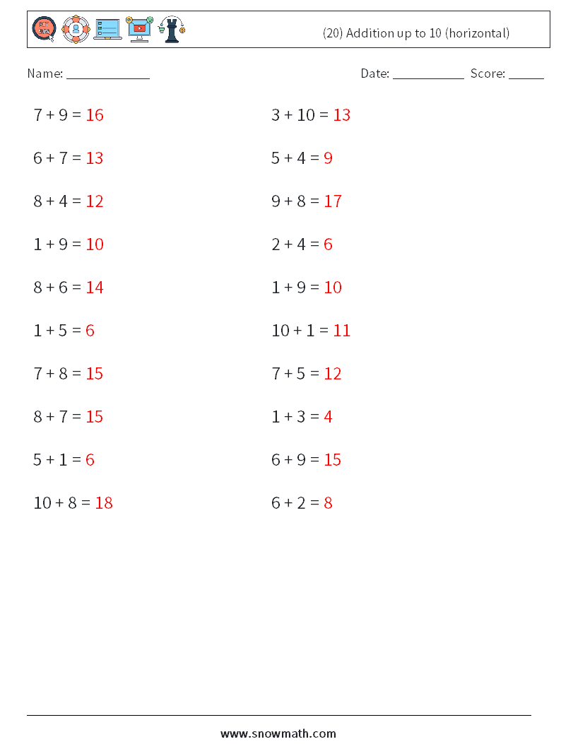 (20) Addition up to 10 (horizontal) Maths Worksheets 9 Question, Answer