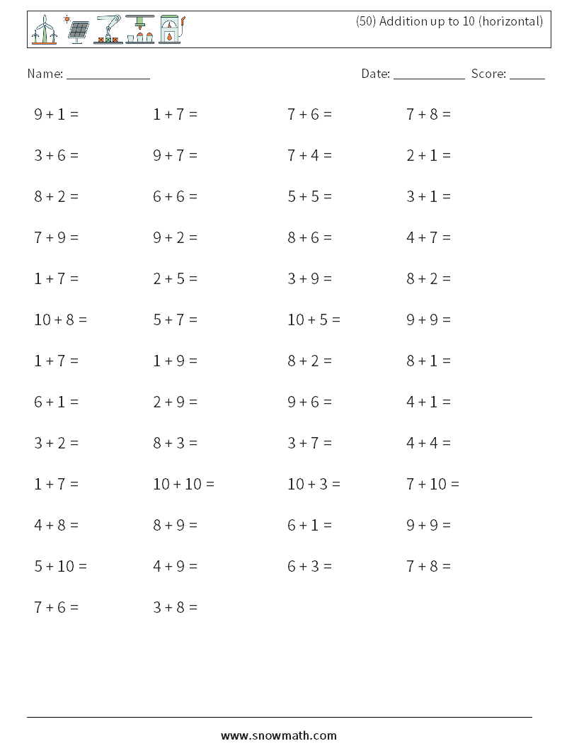 (50) Addition up to 10 (horizontal) Maths Worksheets 1