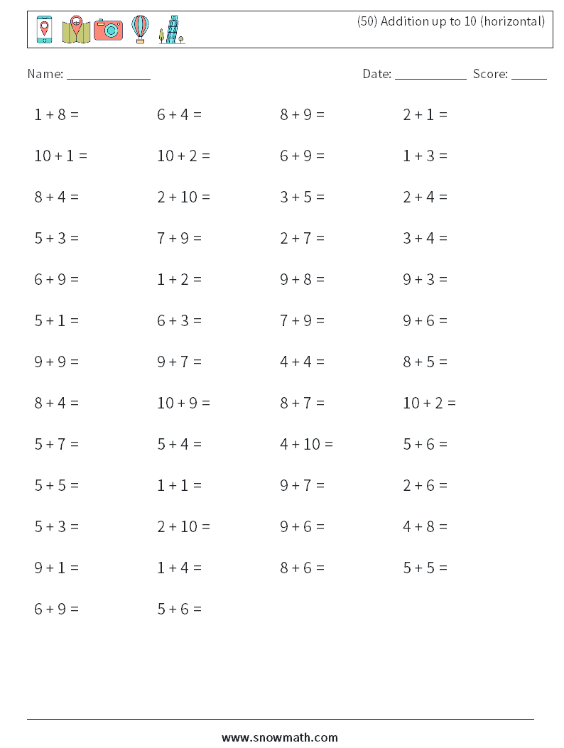 (50) Addition up to 10 (horizontal) Maths Worksheets 4