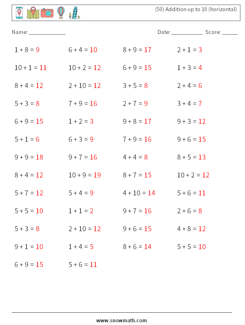 (50) Addition up to 10 (horizontal) Maths Worksheets 4 Question, Answer