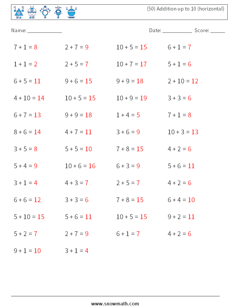 (50) Addition up to 10 (horizontal) Maths Worksheets 5 Question, Answer