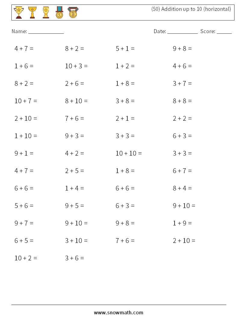 (50) Addition up to 10 (horizontal) Maths Worksheets 6
