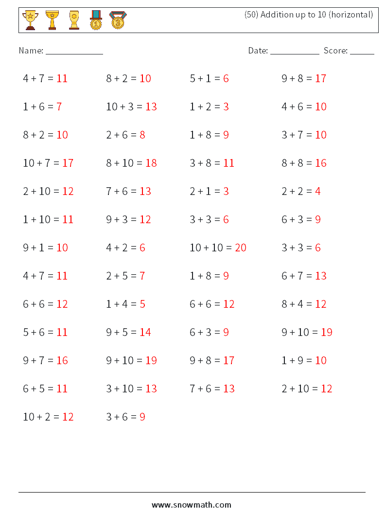 (50) Addition up to 10 (horizontal) Maths Worksheets 6 Question, Answer