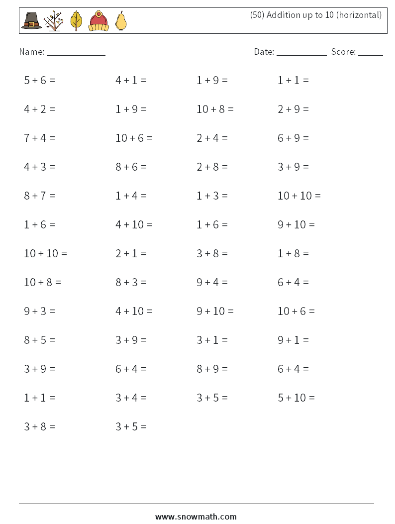 (50) Addition up to 10 (horizontal) Maths Worksheets 9