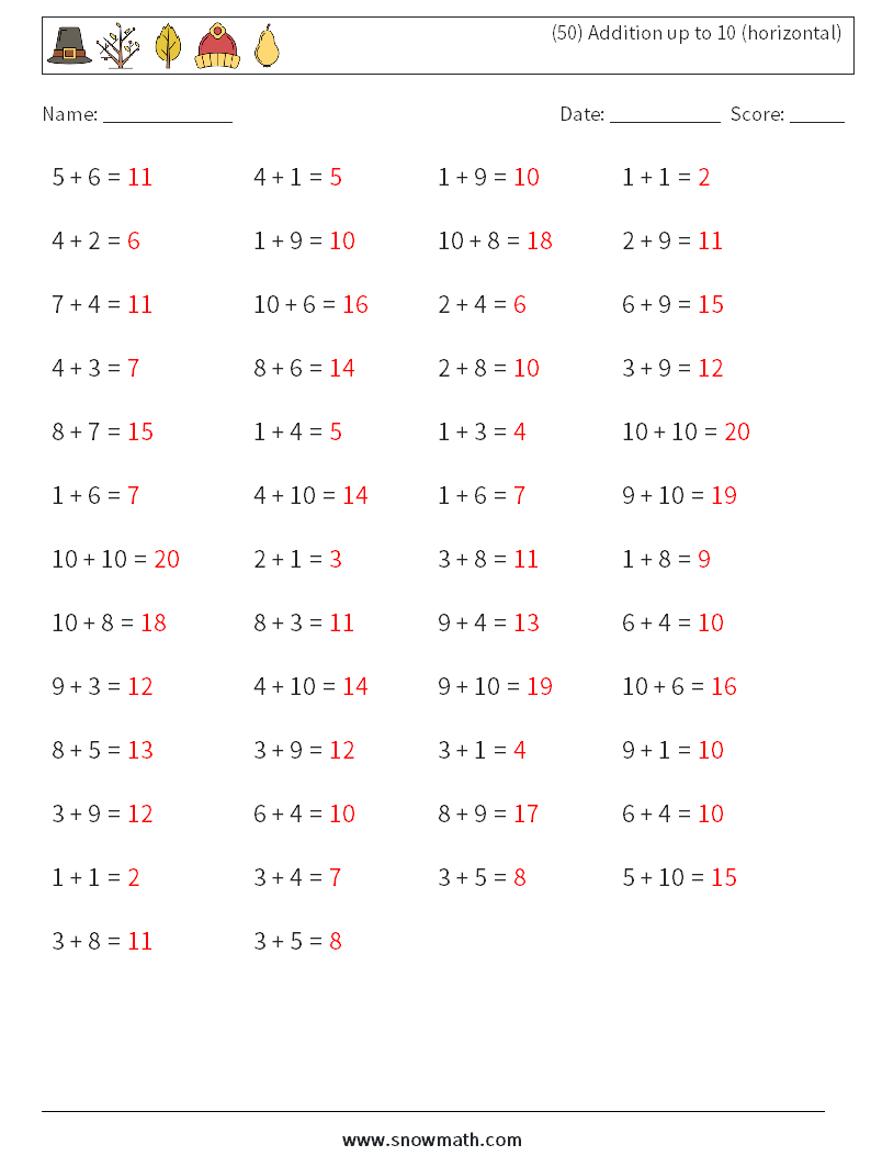 (50) Addition up to 10 (horizontal) Maths Worksheets 9 Question, Answer