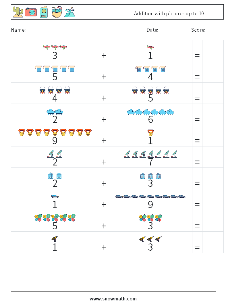 Addition with pictures up to 10 Maths Worksheets 1