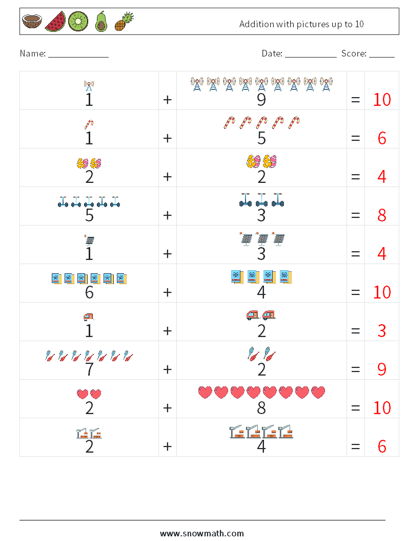 Addition with pictures up to 10 Maths Worksheets 11 Question, Answer