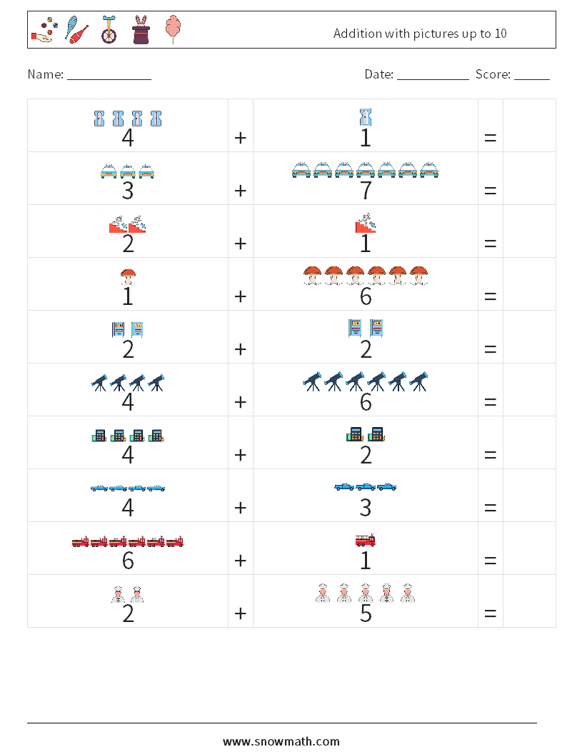 Addition with pictures up to 10 Maths Worksheets 12