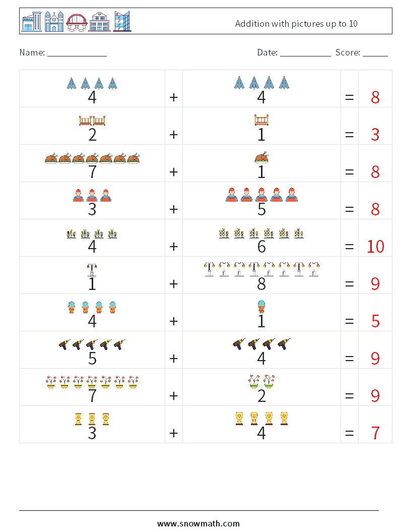 Addition with pictures up to 10 Maths Worksheets 14 Question, Answer
