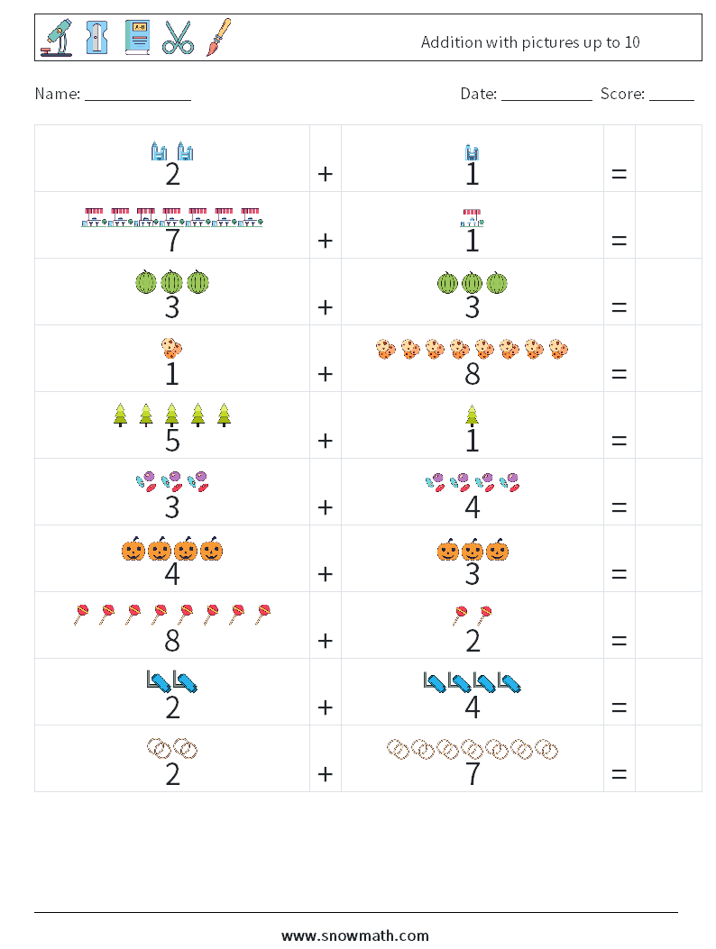 Addition with pictures up to 10 Maths Worksheets 15