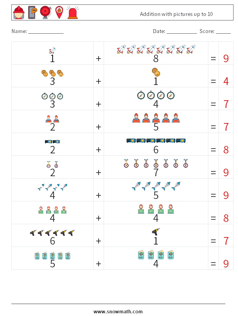 Addition with pictures up to 10 Maths Worksheets 16 Question, Answer