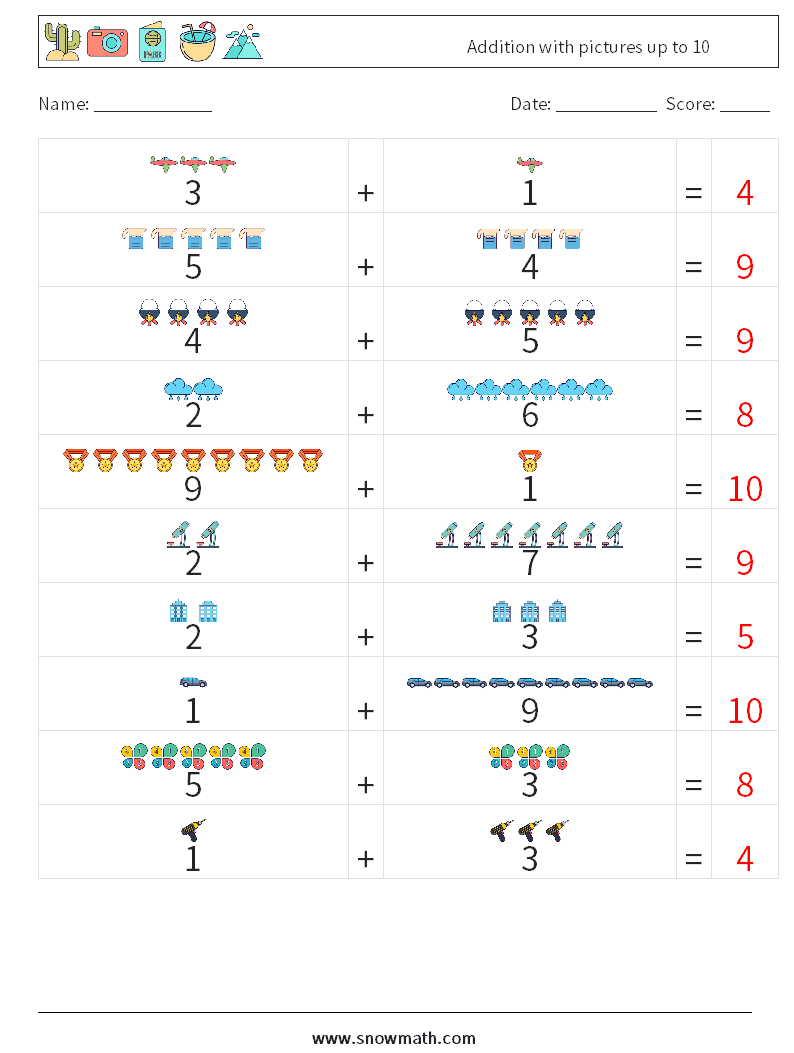 Addition with pictures up to 10 Maths Worksheets 1 Question, Answer