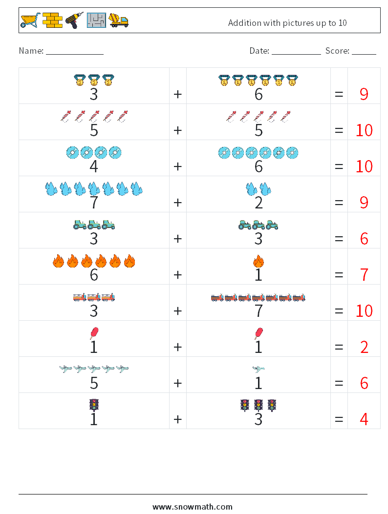 Addition with pictures up to 10 Maths Worksheets 2 Question, Answer