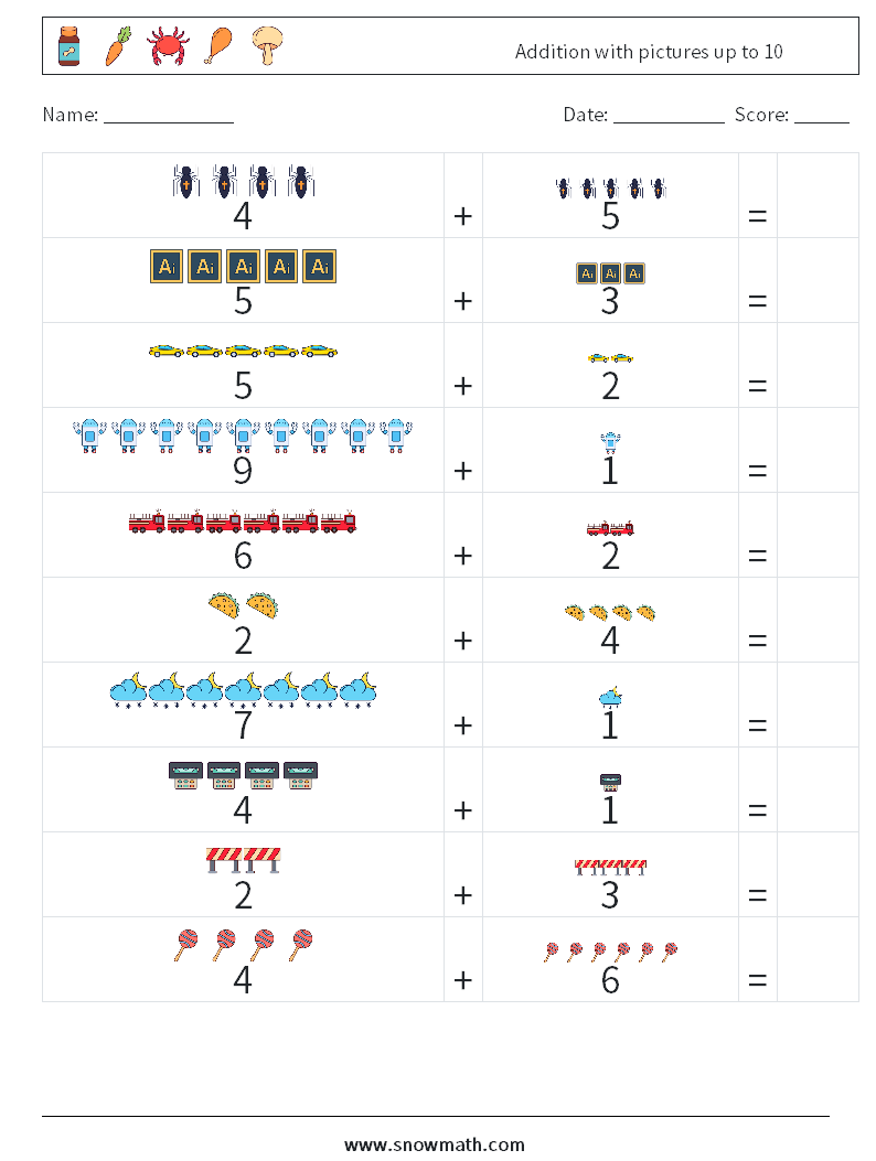 Addition with pictures up to 10 Maths Worksheets 3