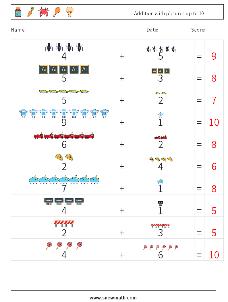 Addition with pictures up to 10 Maths Worksheets 3 Question, Answer