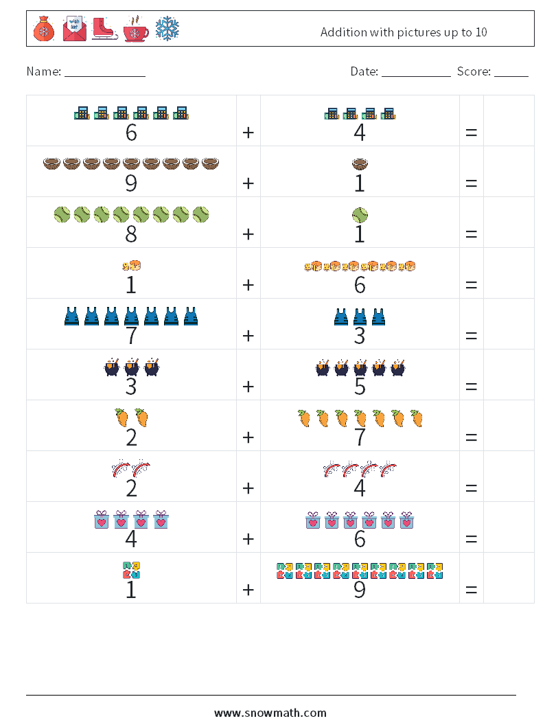 Addition with pictures up to 10 Maths Worksheets 4