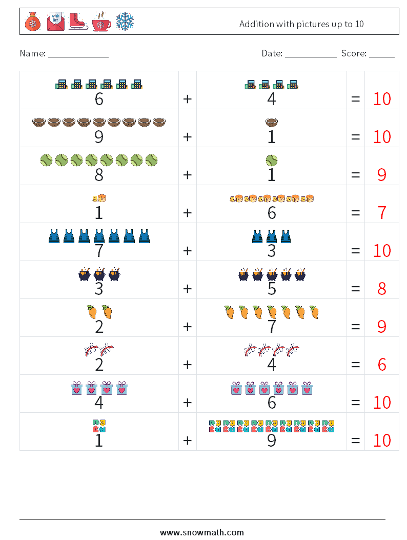 Addition with pictures up to 10 Maths Worksheets 4 Question, Answer