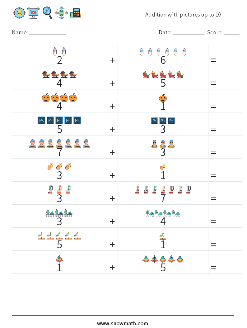 Addition with pictures up to 10 Maths Worksheets 5