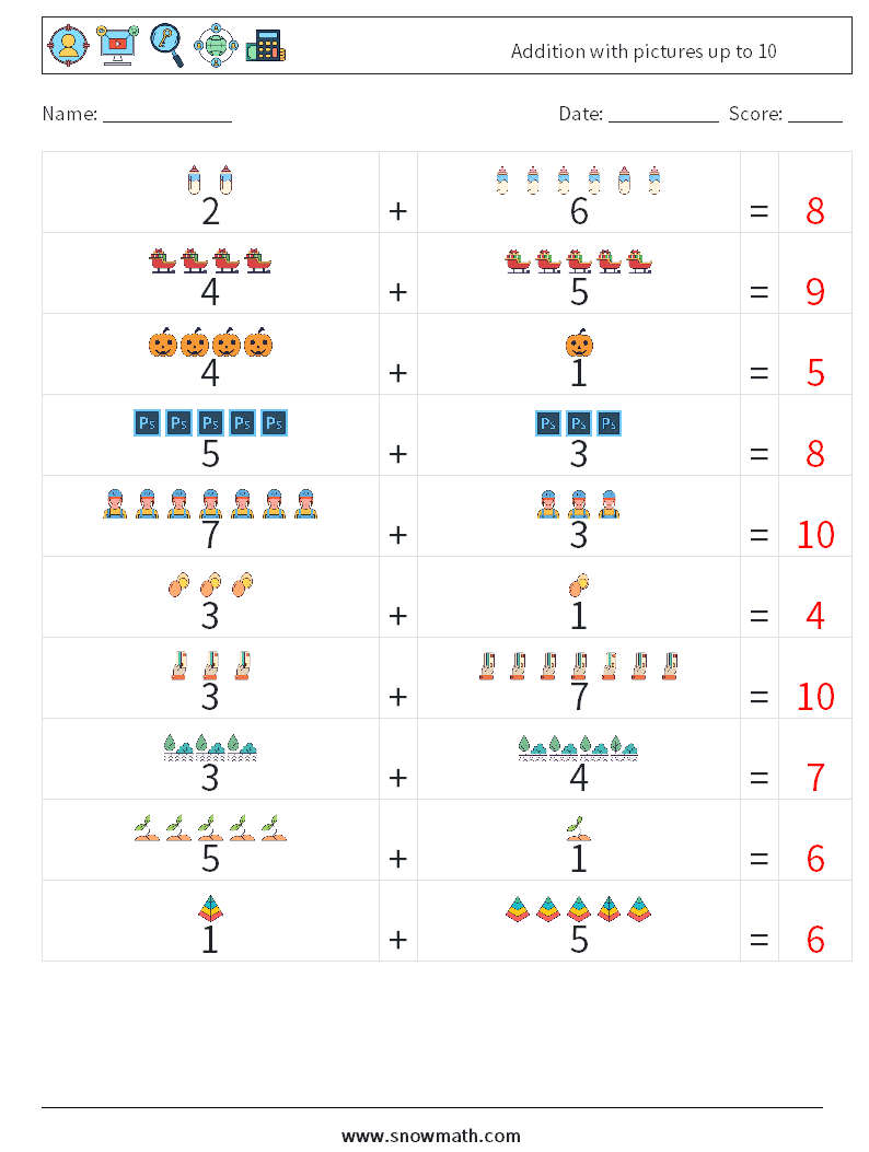 Addition with pictures up to 10 Maths Worksheets 5 Question, Answer