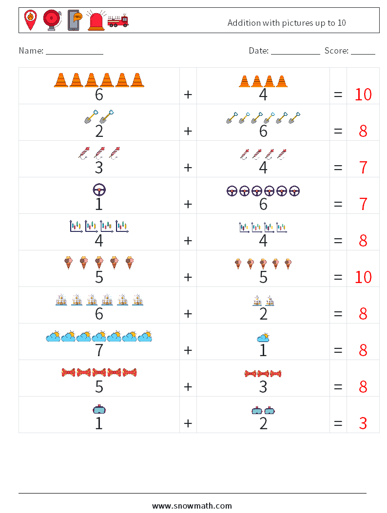 Addition with pictures up to 10 Maths Worksheets 7 Question, Answer