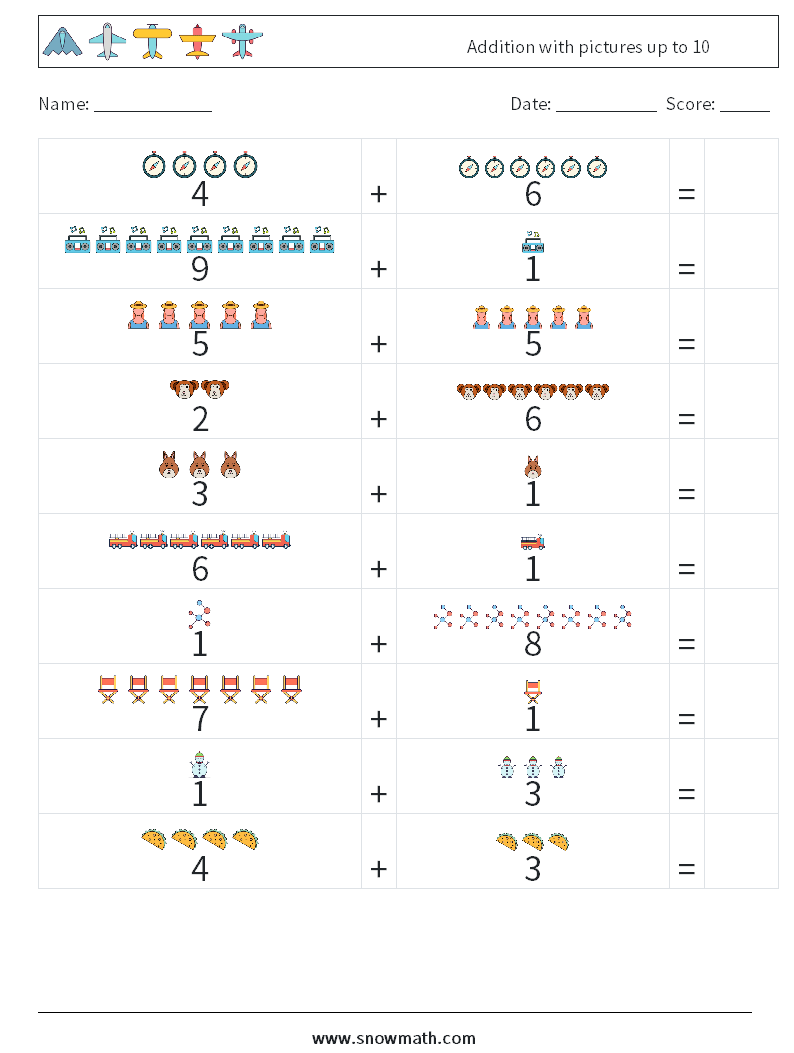 Addition with pictures up to 10 Maths Worksheets 8